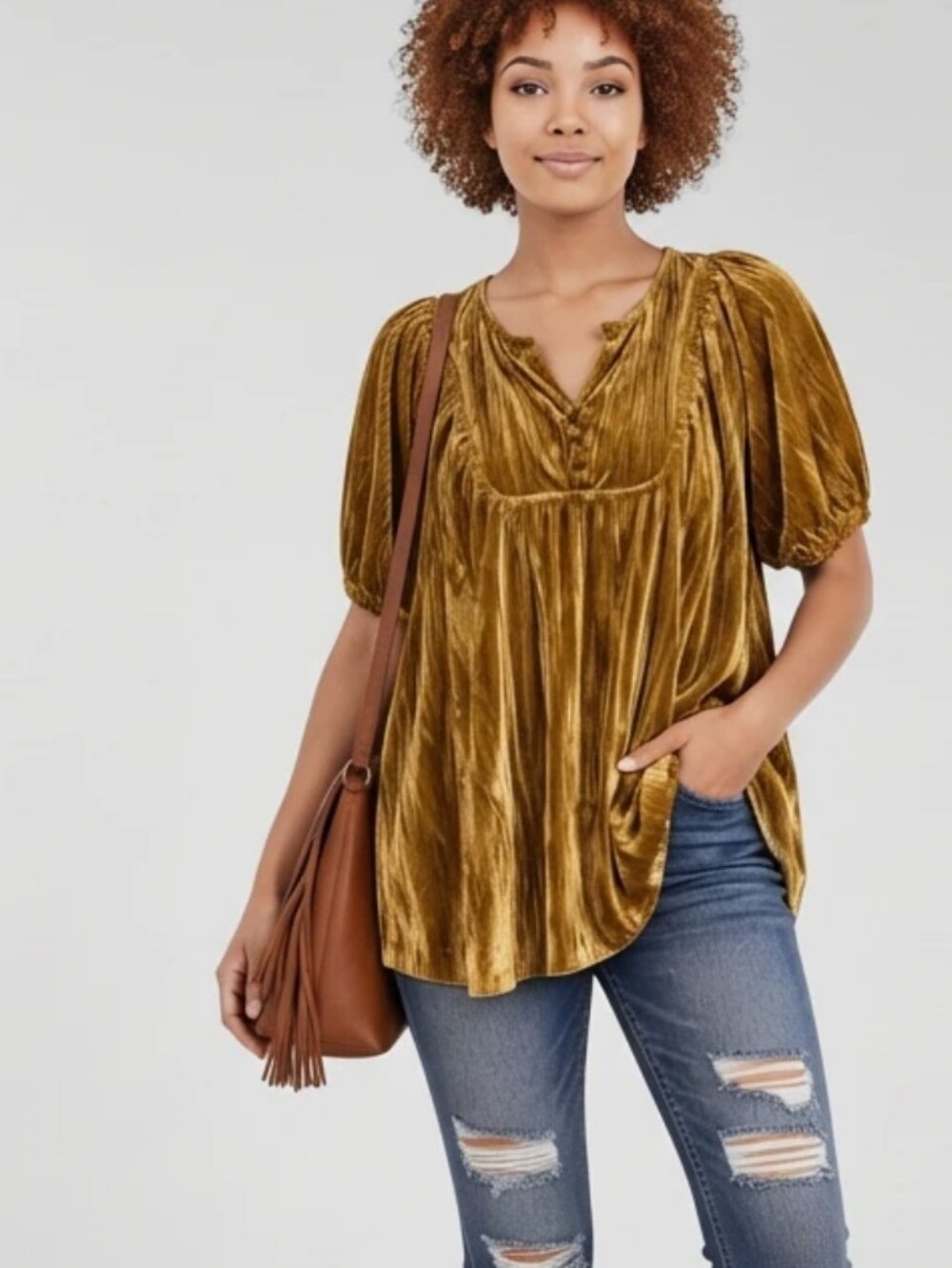 Maurices Gold Velvet Puff-Sleeve Tunic